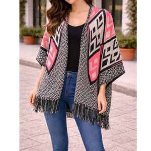 Boho Aztec Tribal Cardigan Poncho Black Coral Fringe Open Front Sweater